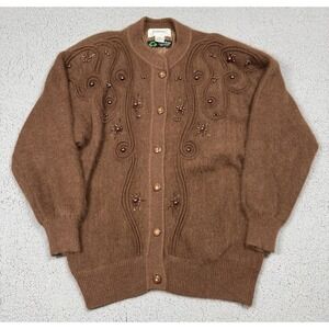 Vintage Jubiana Sweater Womens XL Brown Angora Beaded Cardigan Hong Kong 90s